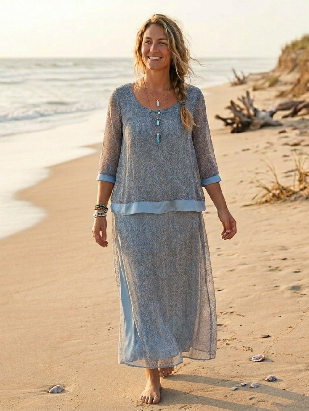Blue Patterned Silk Dress